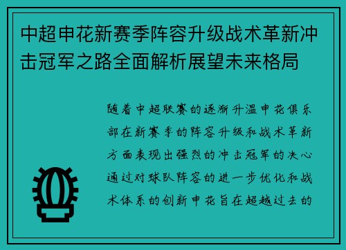 中超申花新赛季阵容升级战术革新冲击冠军之路全面解析展望未来格局 中超申花新赛季阵容升级战术革新冲击冠军之路全面解析展望未来格局